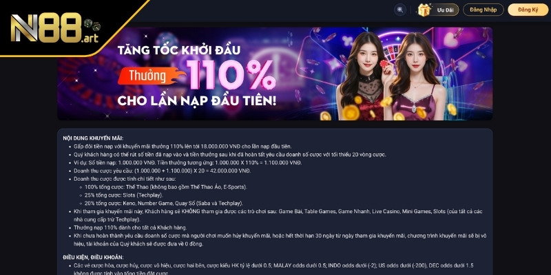 Khuyến mãi N88 thưởng 110% trong lần nạp đầu