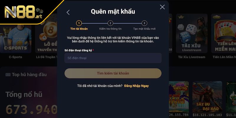 Hoàn thành tìm tài khoản để đăng nhập N88